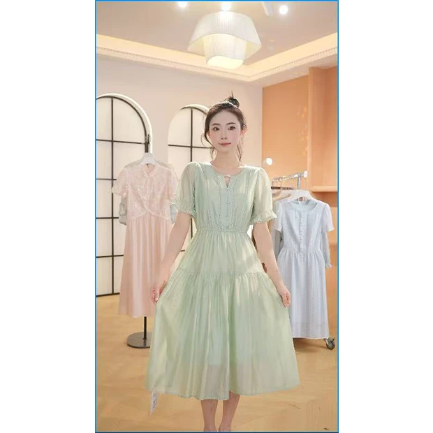 L561超仙短袖V领连衣裙女夏新款2025气质茶歇仙女裙收腰显瘦A字裙