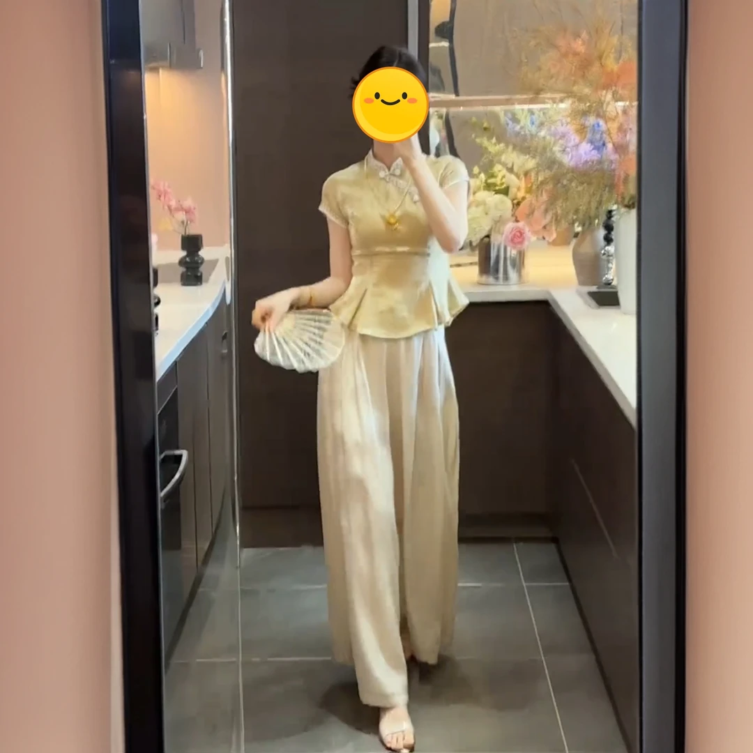 2025新款夏季新中式气质提花金边包条上衣女百搭垂感阔腿裤两件套