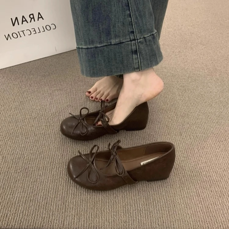 复古圆头蝴蝶结一字带内增高玛丽珍鞋女百搭通勤单鞋新款2025女鞋