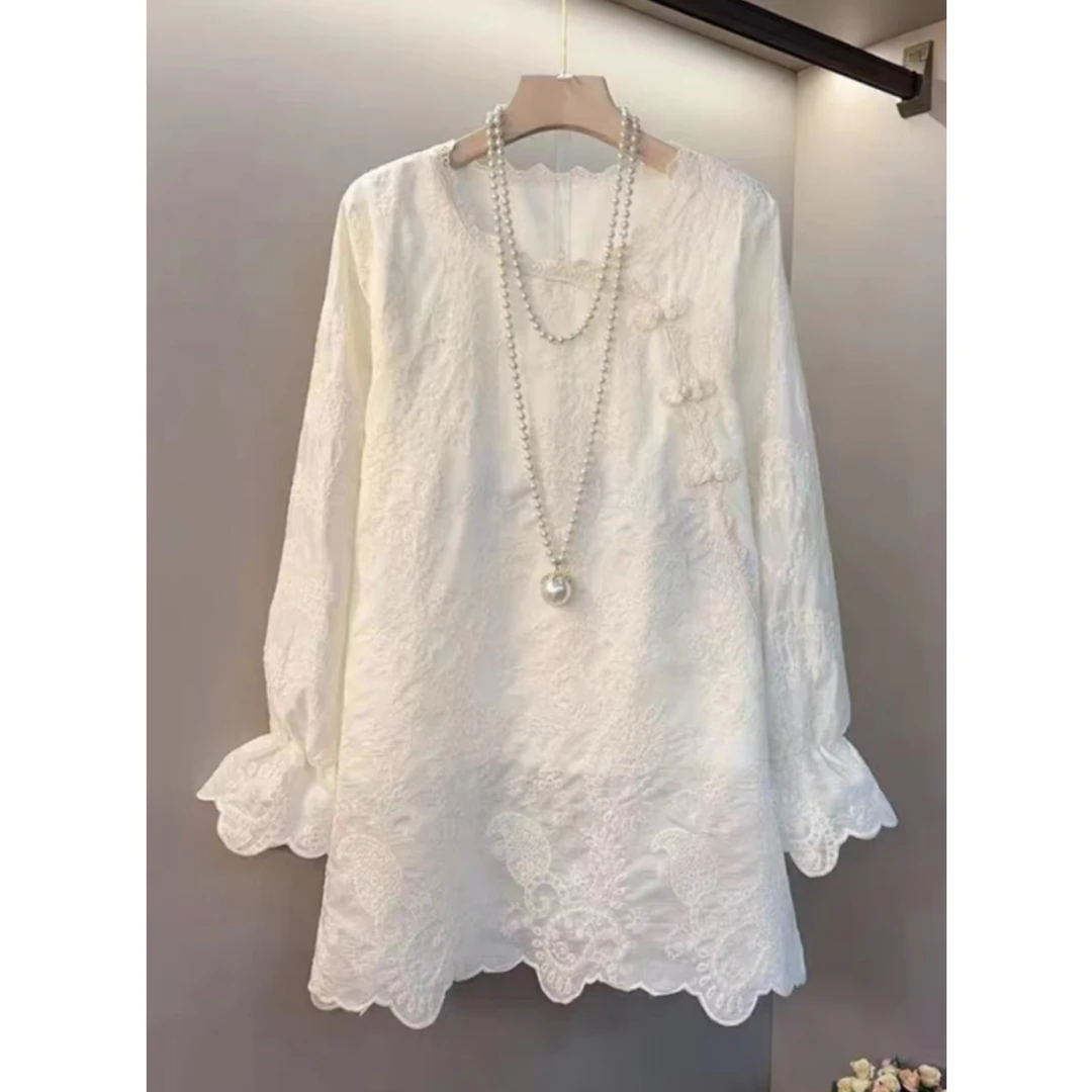 重工蕾丝刺绣中长款圆领衬衫宽松显瘦气质国风盘扣上衣