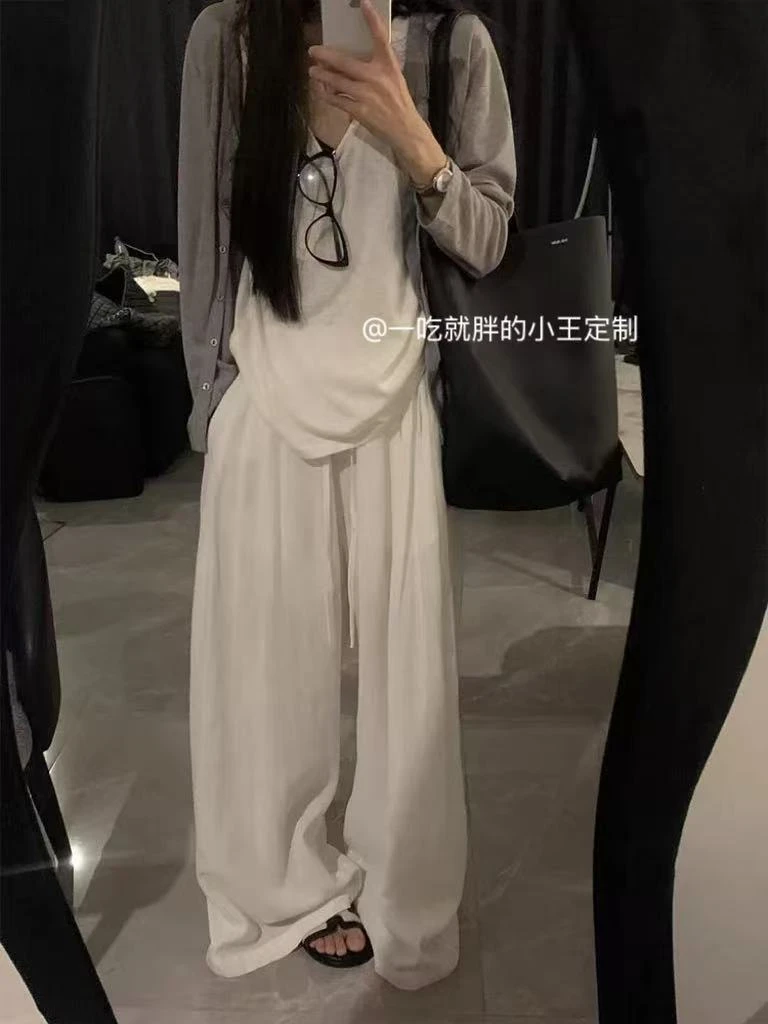 【小王家】长袖外搭慵懒风罩衫V领砍袖背心麻料阔腿长裤胖M穿搭套装