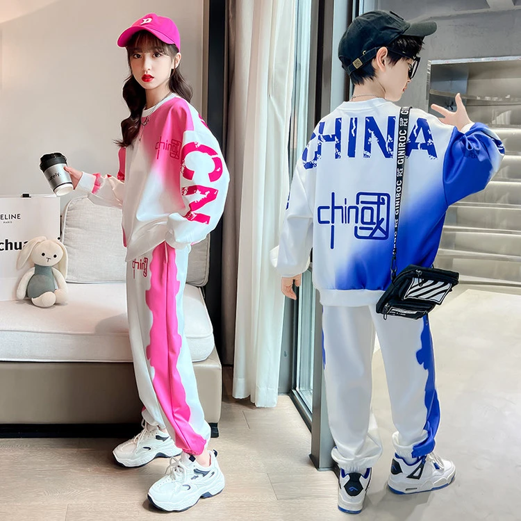 女童春秋季运动套装姐弟渐变色中国卫衣时尚洋气中大童炸街套装潮