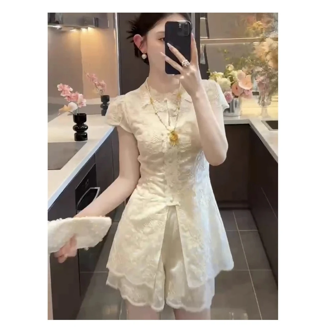 【玉芙蓉】2025新款重工钉珠刺绣新中式上衣短裤套装两件套
