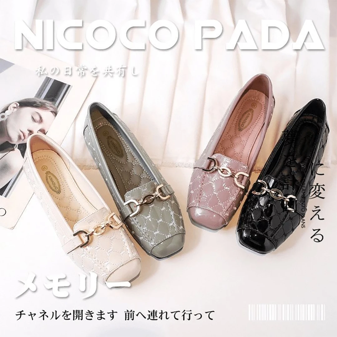 金属链条平底方头平底舒适软皮软底漆皮搭扣乐福乐福鞋搭配978j