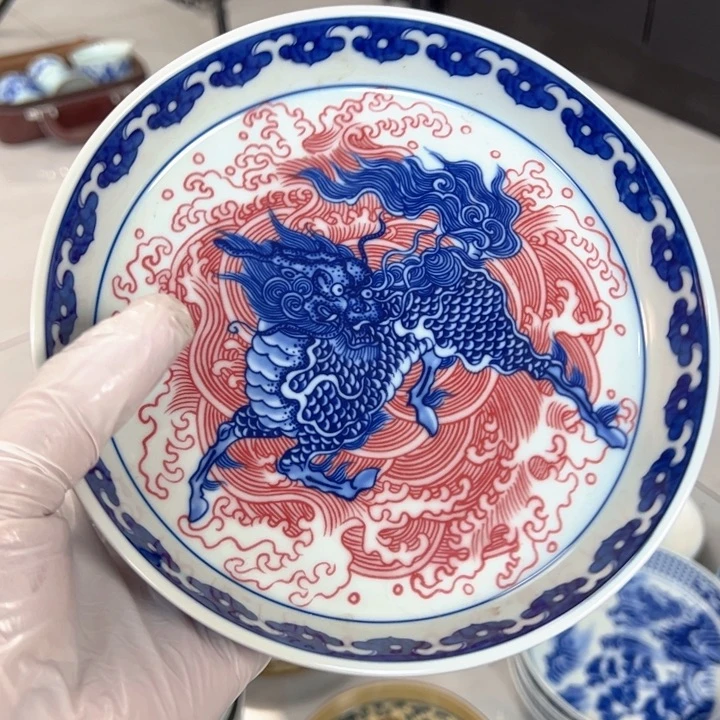 瓷片白青花釉里红麒麟踏浪大壶承全品