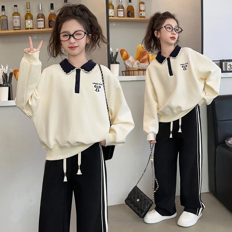 女大童春季花边翻领卫衣套装儿童洋气时尚春秋装拉条休闲裤两件套