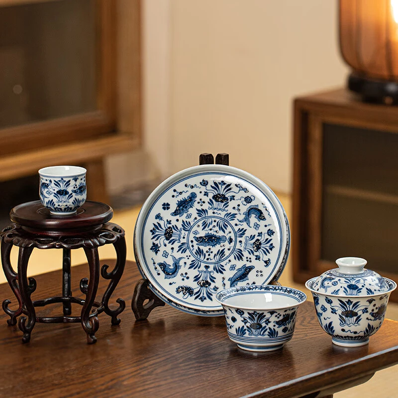 缘起墨舍【墨舍柴窑】春风鱼藻景德镇陶瓷茶具纯手工手绘盖碗壶承