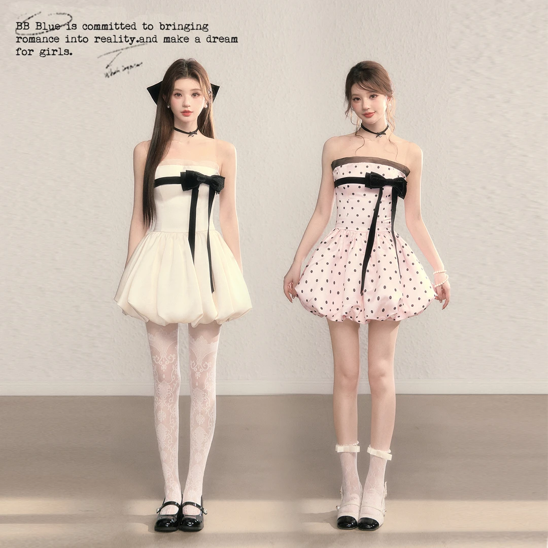 BB BLUE/月光泡芙巨好看波点缎面公主抹胸裙高级感设计蓬蓬连衣裙