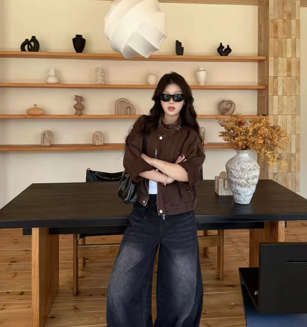 美式特调 复古工装风小立领短款机车夹克外套女2025春新款