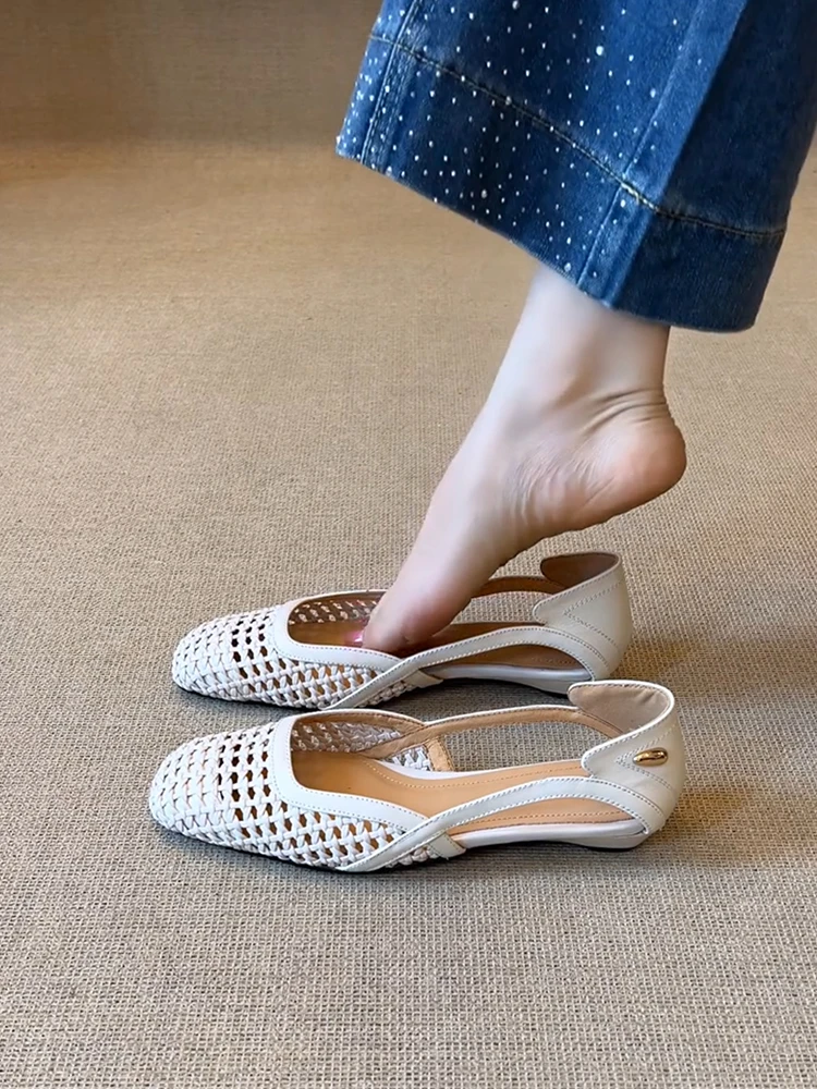 一脚蹬浅口方头单鞋女2025新款镂空编织平底玛丽珍鞋透气凉鞋女夏