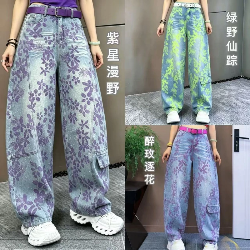 【亿火洛洛】夏季印花烫钻气质显瘦设计感阔腿弯刀牛仔裤女-7086