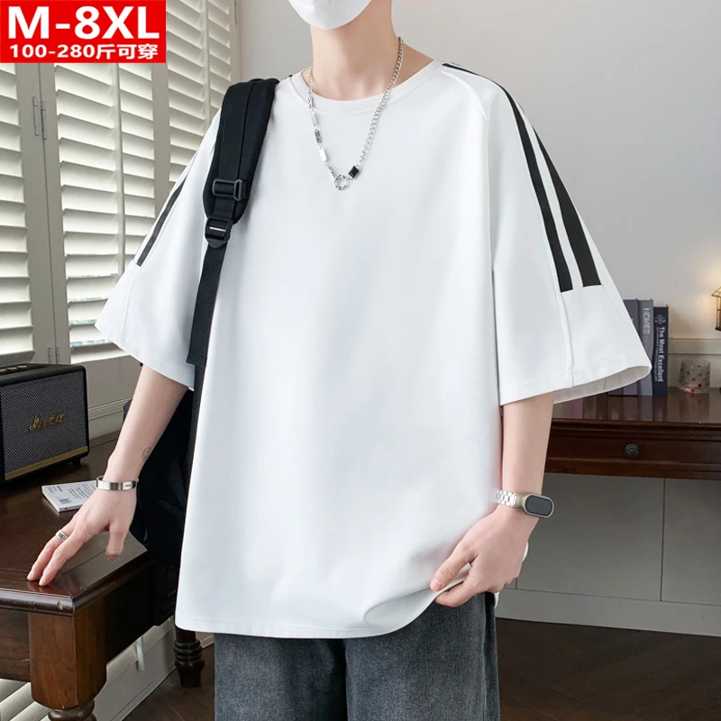 夏季潮流港风男装拼接圆领短袖T恤 胖男士加肥加大码宽松纯色体恤