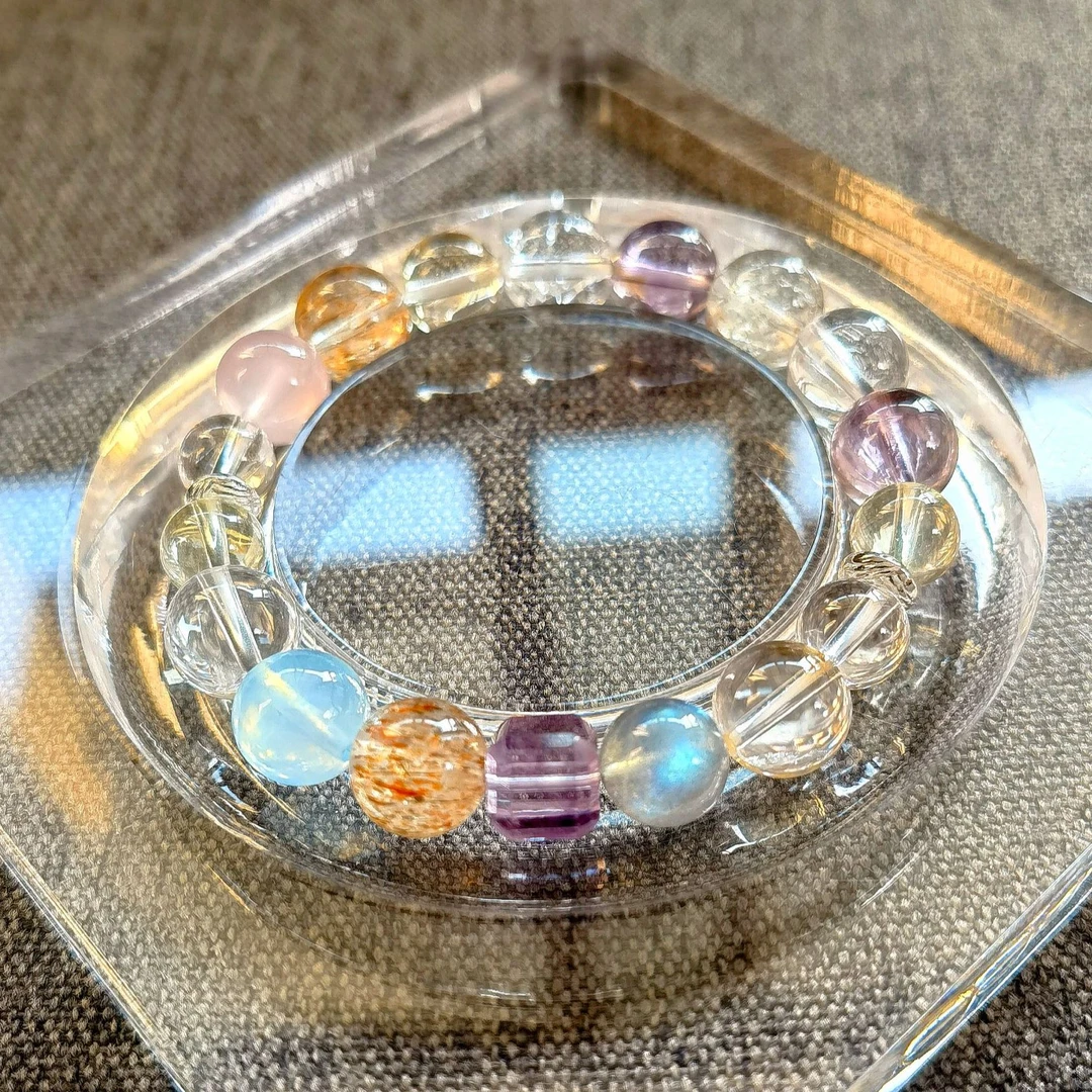 天然 黑金超七 巴西黄水晶 白水晶 紫水晶海蓝宝等卡9-10多宝手串