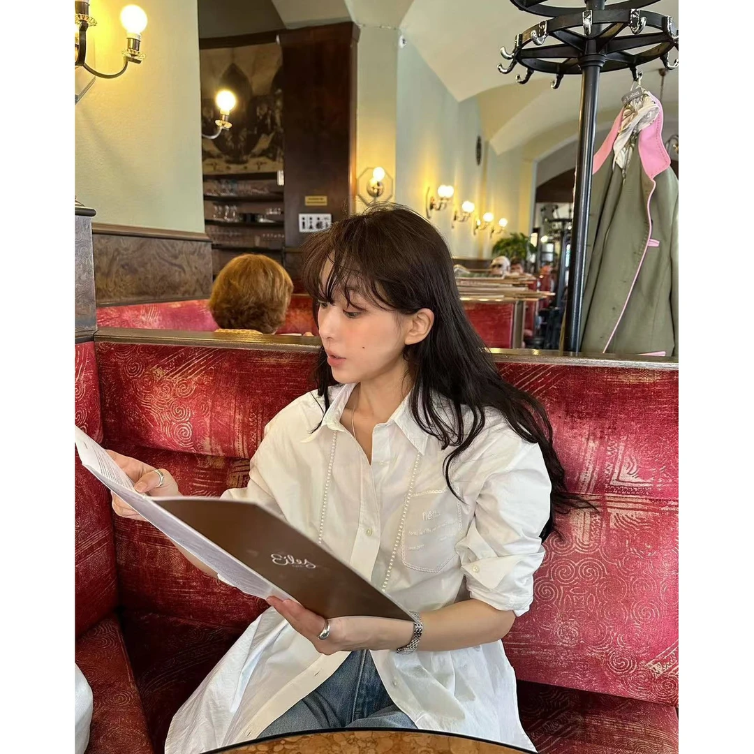 韩国小众fletta百搭宽松蕾丝口袋衬衫 250324003