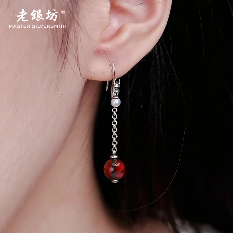 龙凤呈祥耳钩 血珀珍珠 S925银小众珠宝饰品0014713
