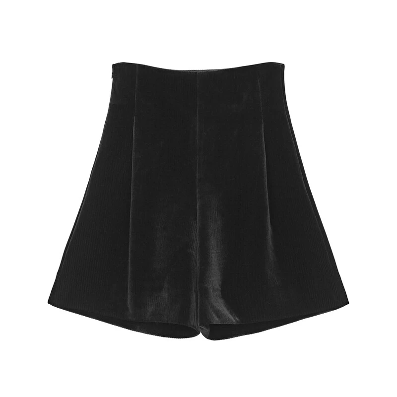 sdeer圣迪奥女装时尚休闲复古高腰压褶灯芯绒A字短裤S23480902