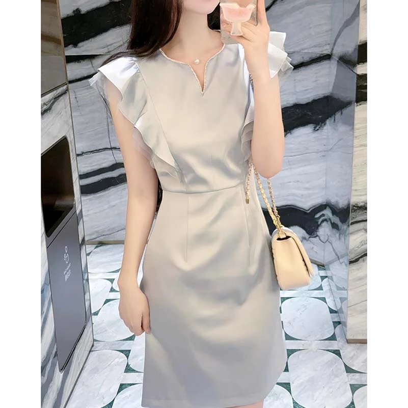 【有里布】超好看蓝色连衣裙女夏季独特漂亮掐腰宴会小礼服裙D2915