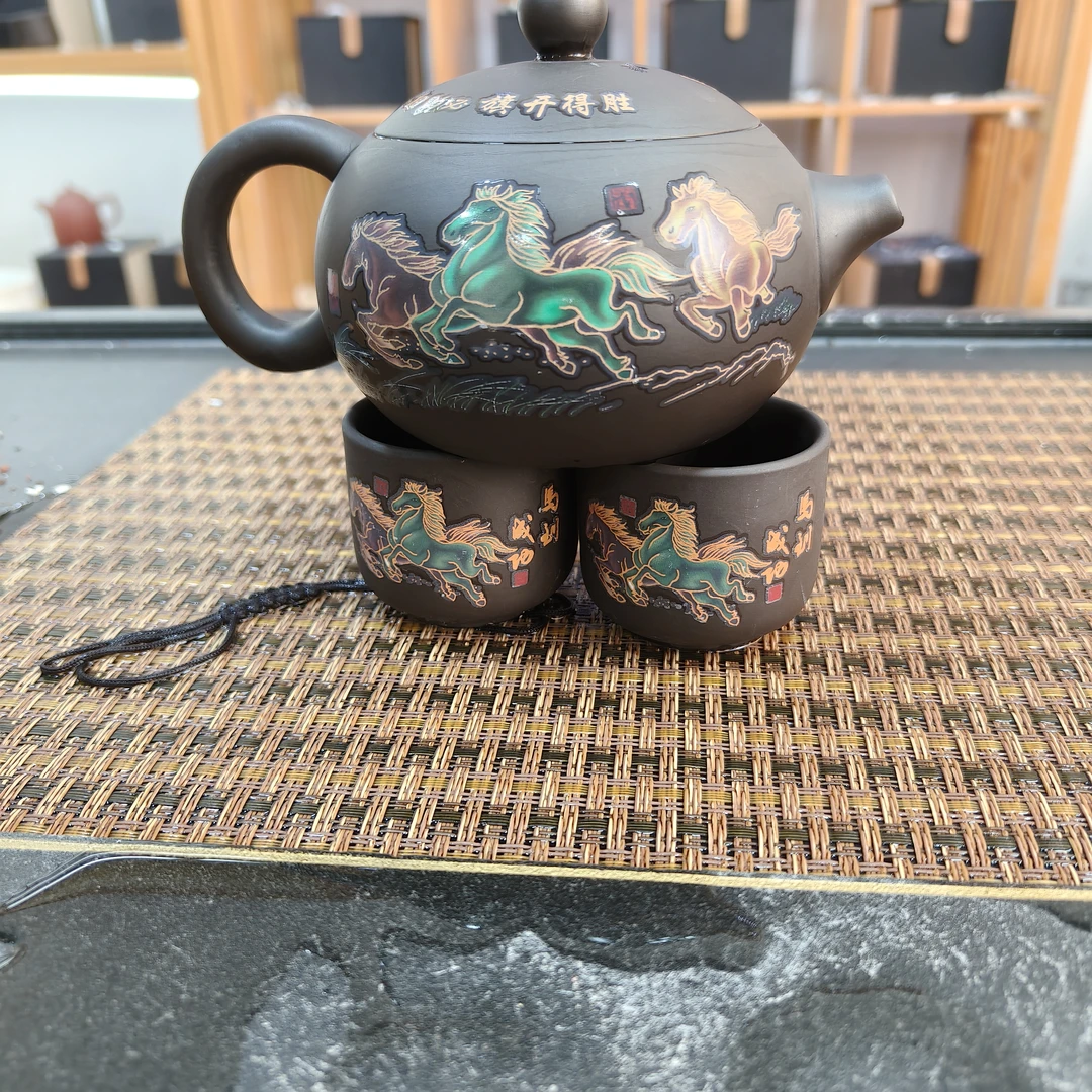Q260ml马到成功老紫泥半手工泥绘陶瓷西施壶家用泡茶功夫茶具