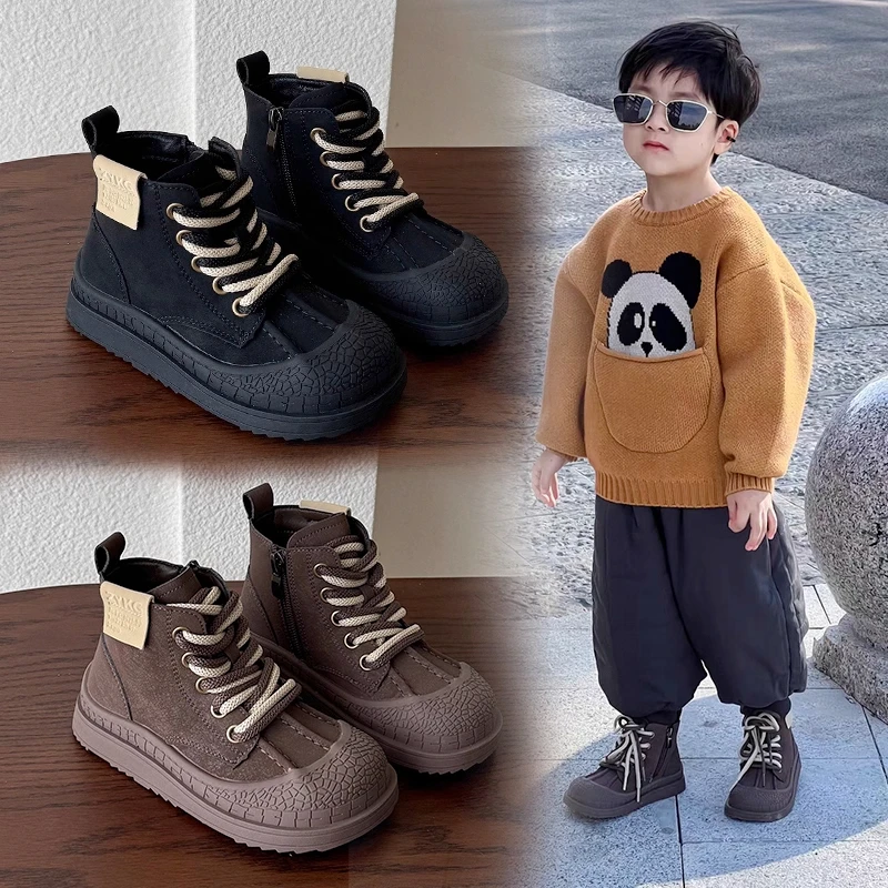 儿童皮靴2025年冬季新款女童二棉加绒马丁靴男童保暖短靴-25100