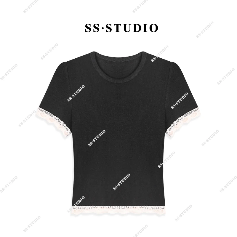 【SUSU】春夏蕾丝拼接圆领显瘦t恤时尚休闲百搭短袖上衣SS-5023