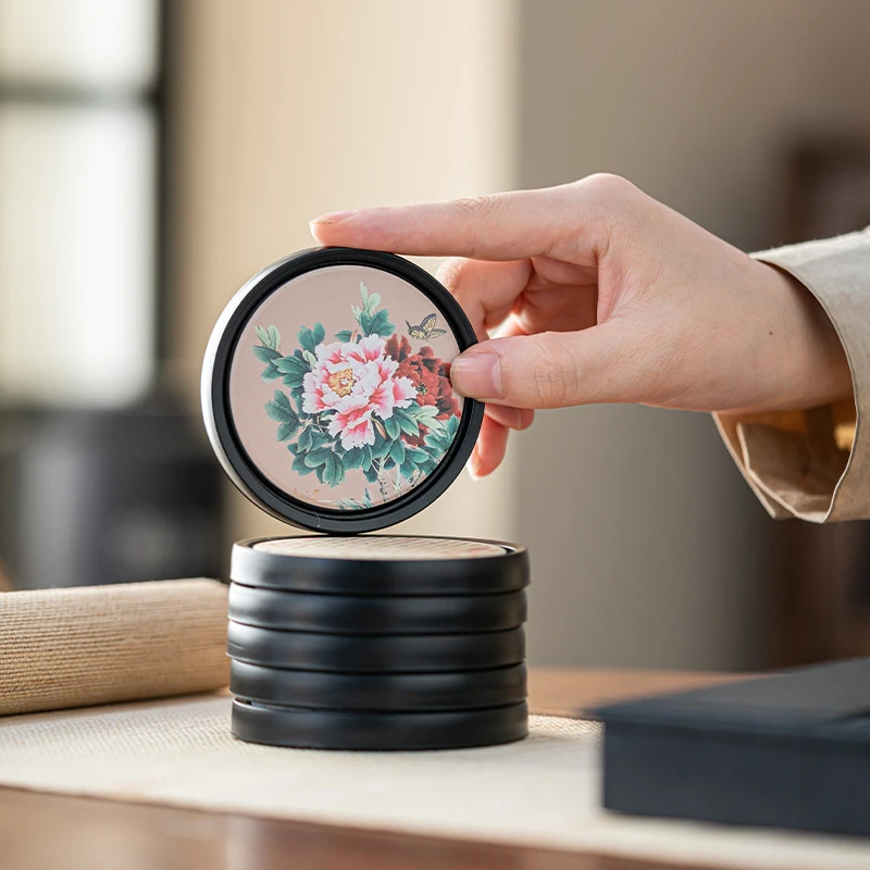 国风圆形陶瓷杯垫创意复古牡丹花吸水茶垫高级托茶桌隔热杯垫防烫