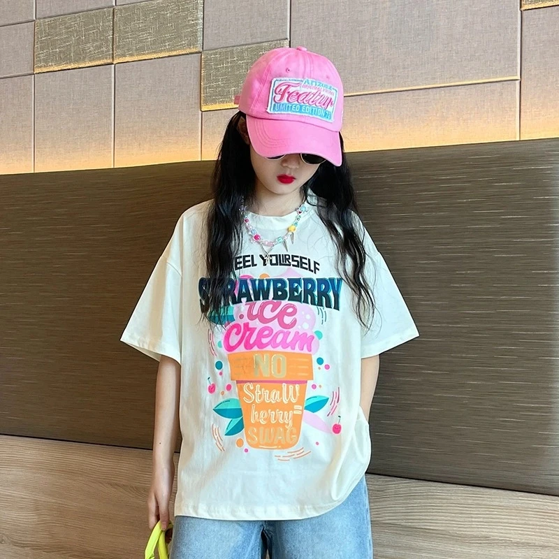 【质量保证】女童100%纯棉t恤2025新款夏季中大童设计感小众上衣潮