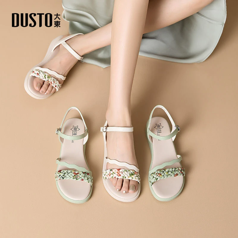 大东夏季女鞋2025新款编织圆头法式休闲凉鞋波西米亚风鞋子女0226