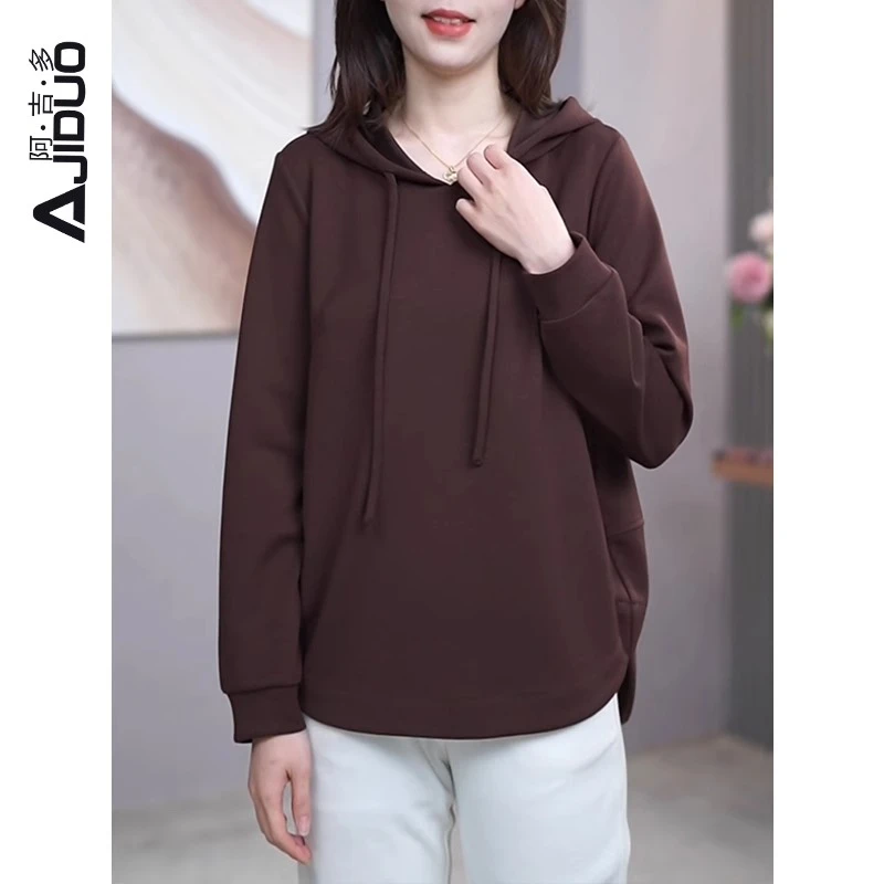 阿吉多A31321长袖连帽卫衣女2025年新款春季慵懒减龄大码休闲上衣