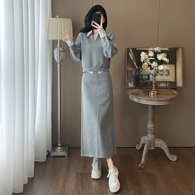 韩版假两件拼接卫衣高腰显瘦半身裙女春季新款盐系炸街减龄两件套