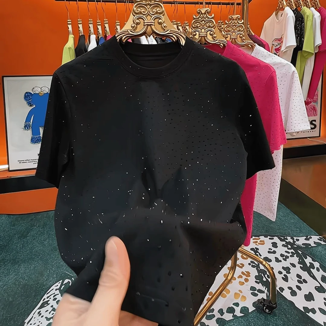9524新款满天星闪闪短袖T恤夏季星空镶钻宽松休闲百搭上衣