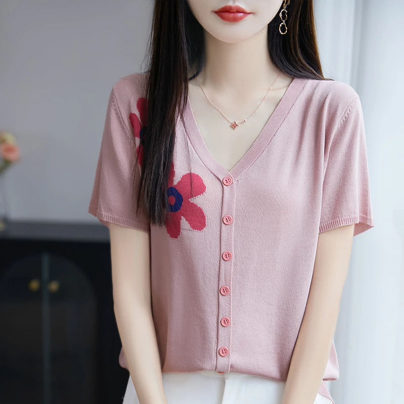 品牌提花夏季V领女显瘦上衣针织薄款设计感气质百搭