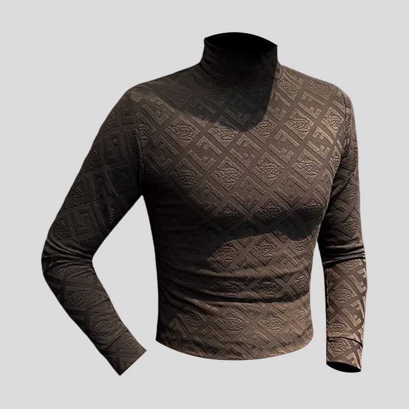 ohmmayby提花半高领内搭打底衫新款紧身保暖上衣秋冬痞帅长袖t恤