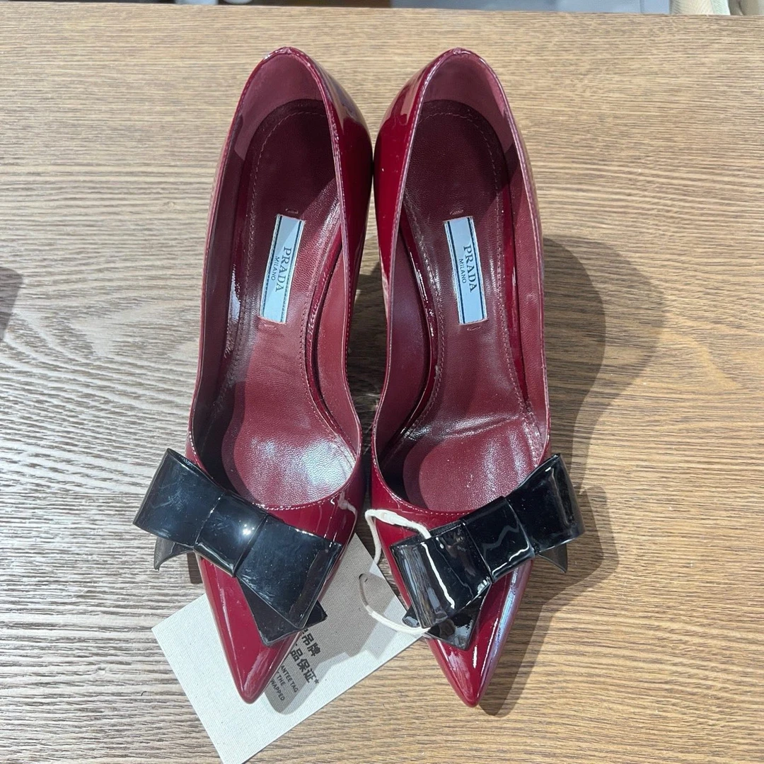 99新 Prada/普拉达 bb36 蝴蝶结玫红色高跟鞋 37码