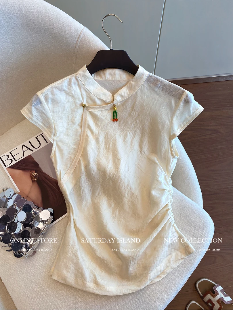 新中式国风提花盘扣立领飞飞袖衬衫女夏褶皱新中式短袖女上衣女款