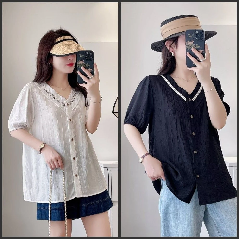 200斤大码女装娃娃短袖衬衫时尚夏季百搭宽松休闲洋气遮肉上衣女