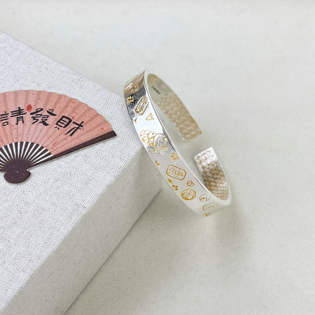 足银手镯 足银999.9开口招财猫吉言实心银手镯女时尚百搭礼物