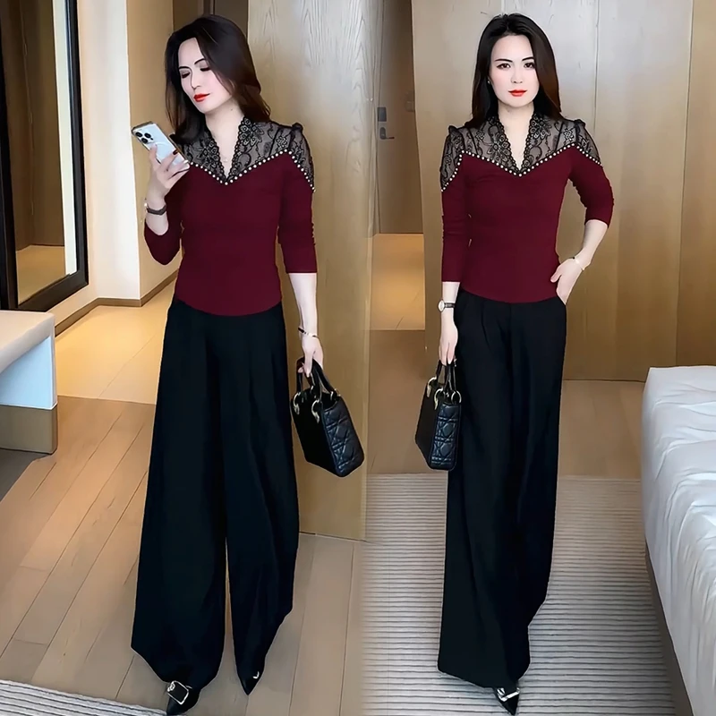 时尚套装女2025春季新款时髦洋气长袖蕾丝拼接上衣阔腿裤两件套潮