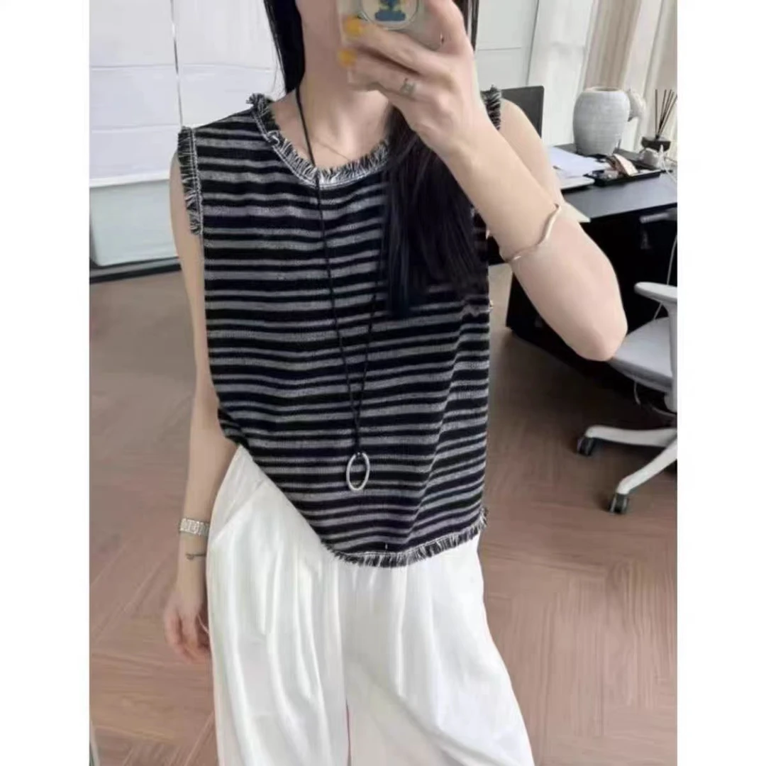（柚子同款）SG夏款显瘦毛边条纹冰丝针织无袖T恤
