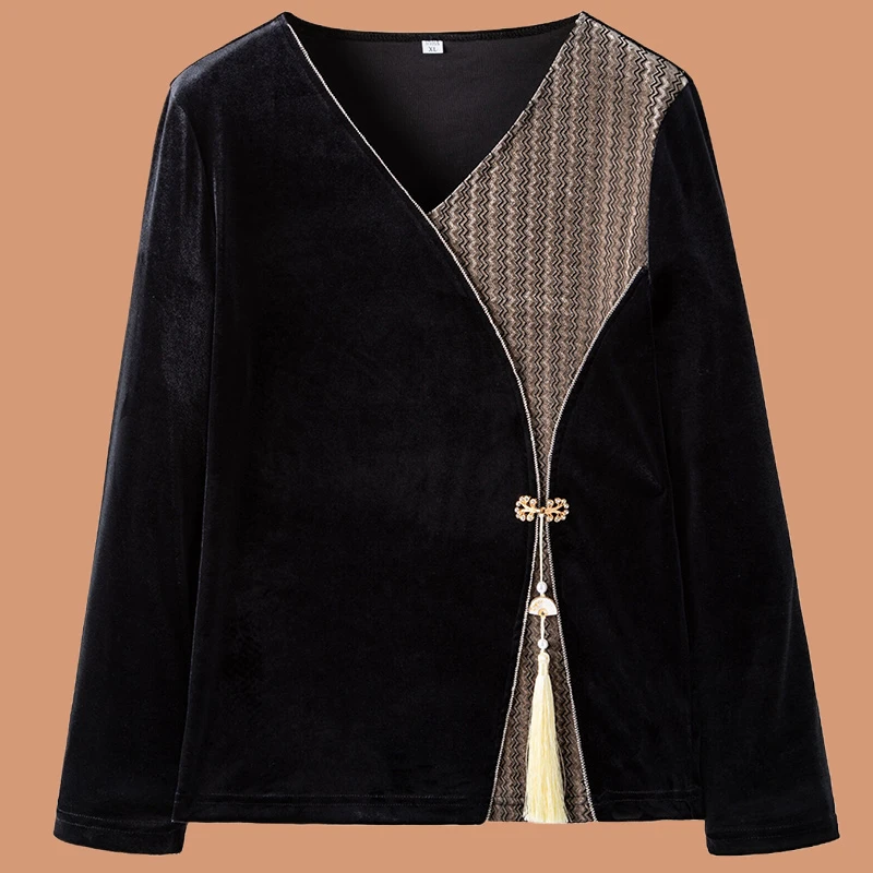 皮尔卡丹妈妈春秋装金丝绒领长袖恤时尚中老年女秋装薄款洋气打底