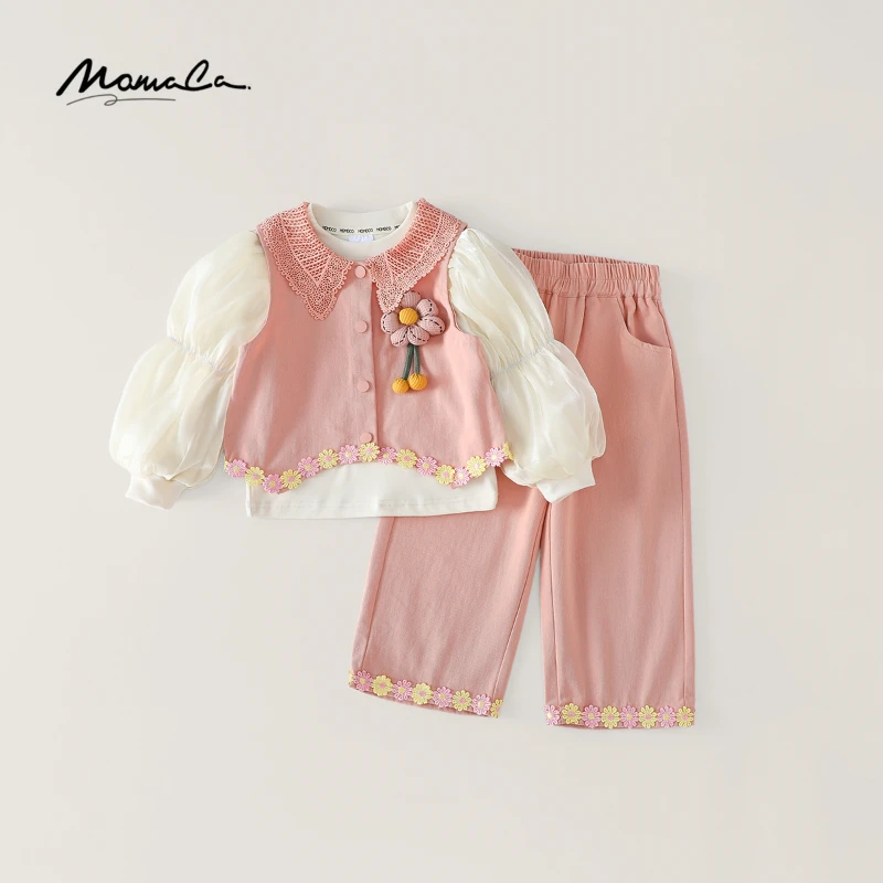 MOMOCO秋季女童新款高级马甲甜美粉色花朵套装三件套77730578009