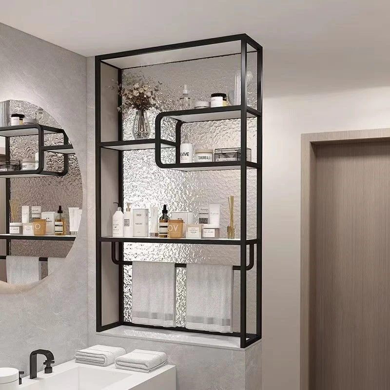 简约长虹玻璃卫生间干湿区洗手台半墙隔断客厅金属屏风置物架