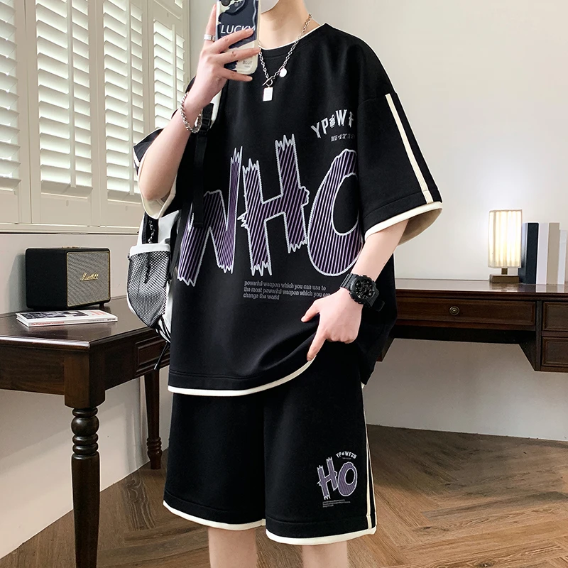 夏季新款青少年帅气学生印花纯色字母假两件T恤短袖休闲运动套装