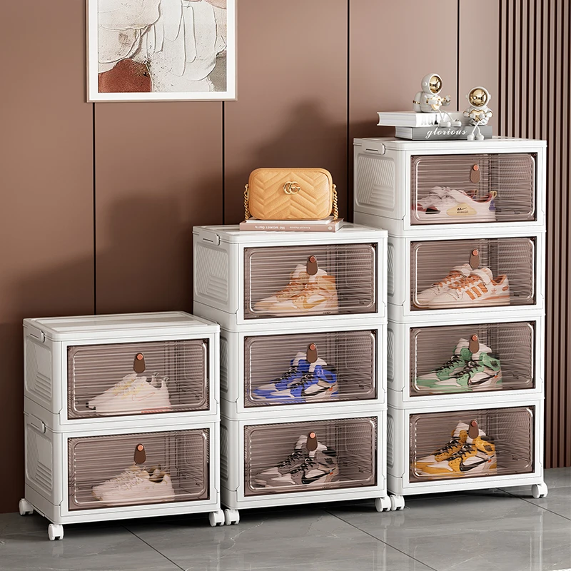 家用折叠鞋盒透明免安装带滑轮可叠加多层防尘防潮大容量收纳鞋盒