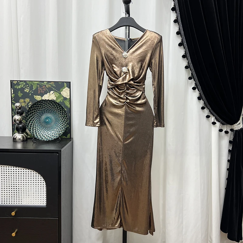 古铜色鱼尾时尚性感收腰显瘦连衣裙气质长裙-双胸花