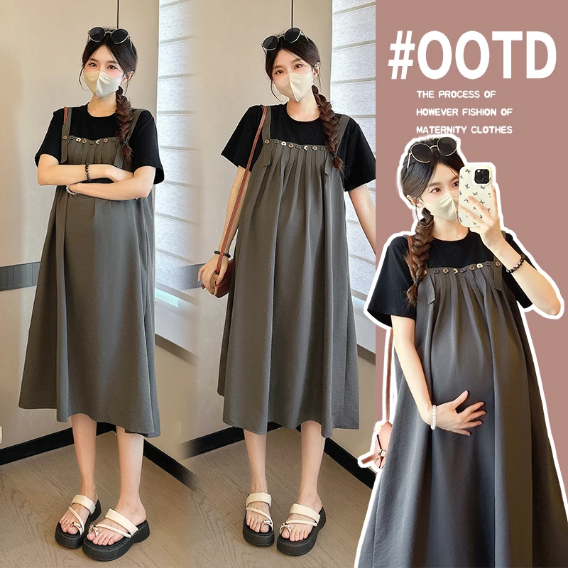 2025孕妇装夏季时尚显瘦外穿宽松高级感拼色假两件中长款连衣裙
