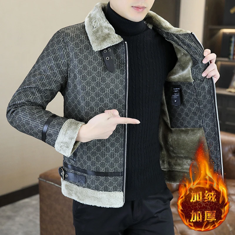 路约威格加绒加厚青年修身皮毛夹克冬季男士韩版潮流冬装绒外套男