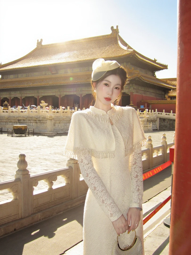 EIA一尧新中式国风【清香玉】气质娇俏千金披肩+旗袍连衣裙显瘦套装