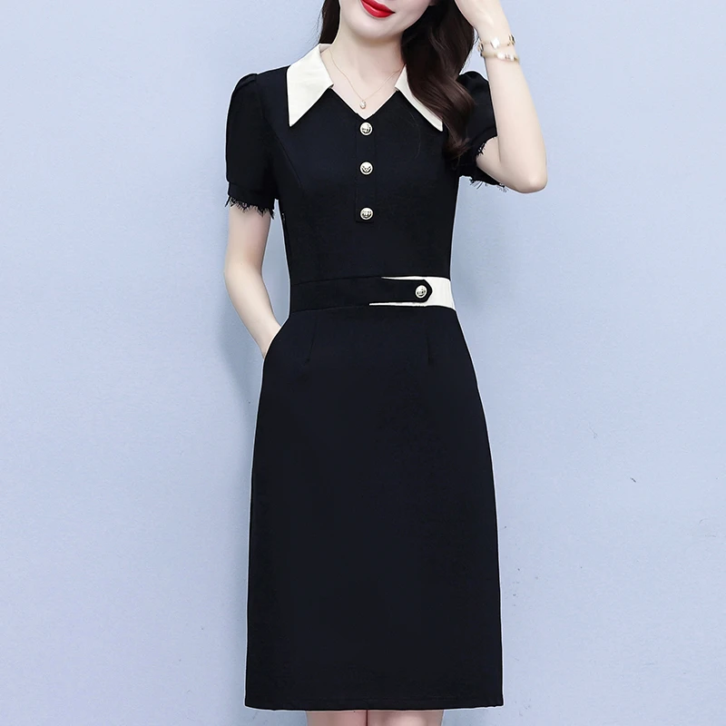 法式翻领连衣裙女2025夏季新款时尚洋气高级感拼接收腰显瘦中长裙