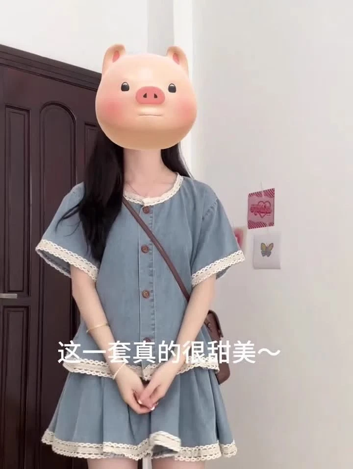 胖mm大码300斤减龄洋气拼接蕾丝花边牛仔短袖+短裙两件套时尚套装