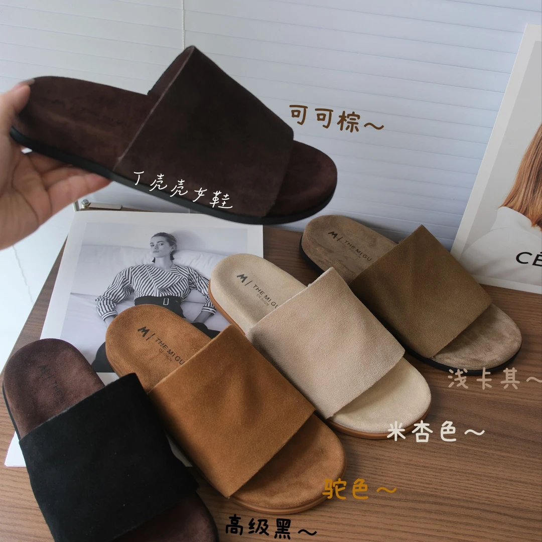 牛皮版~极简老钱风复古平底一字拖鞋女软底勃肯真皮休闲露趾